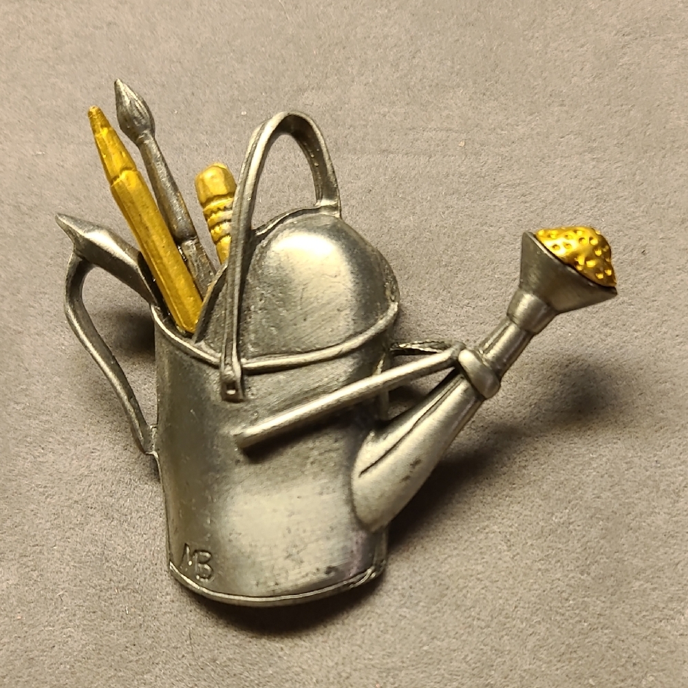 Silver and Gold Watering Can Brooch Pin